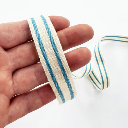 Sky Blue & Cream Ribbon | Stripe Cotton Rustic Ticking 16mm | 1m or 20m Roll - SweetpeaStore