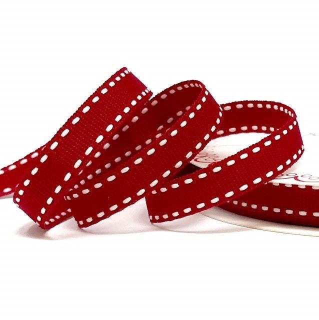 Cranberry Red & White Stitch Ribbon | 9mm Wrap & Craft | Metre or Full 20m Roll - SweetpeaStore