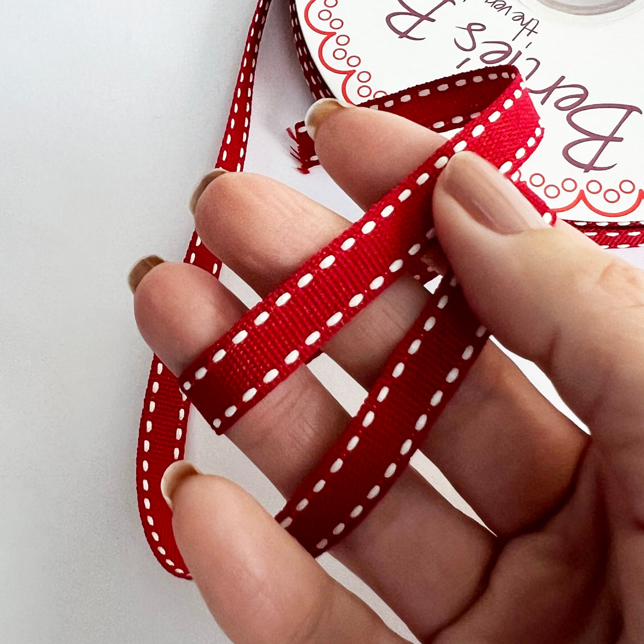 Cranberry Red & White Stitch Ribbon | 9mm Wrap & Craft | Metre or Full 20m Roll - SweetpeaStore