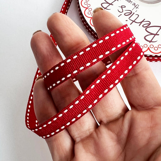 Cranberry Red & White Stitch Ribbon | 9mm Wrap & Craft | Metre or Full 20m Roll