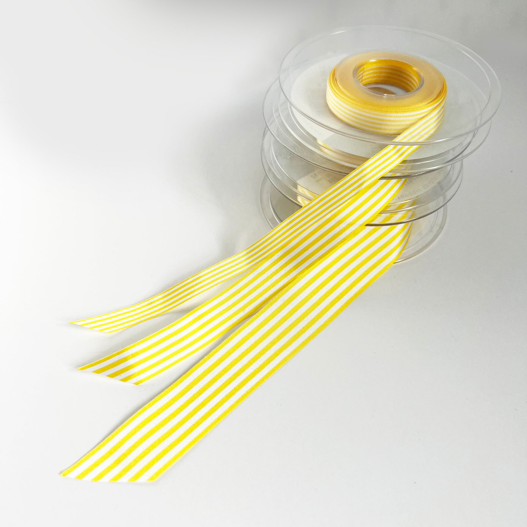 Yellow Ribbon White Stripe | 3 Widths 9mm 16mm 25mm | 1m or Full Roll - SweetpeaStore