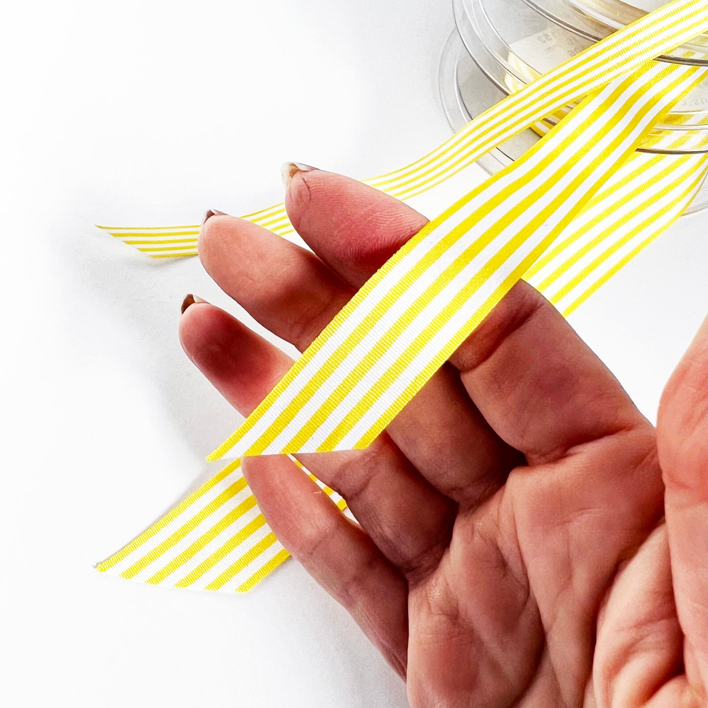 Yellow Ribbon White Stripe | 3 Widths 9mm 16mm 25mm | 1m or Full Roll