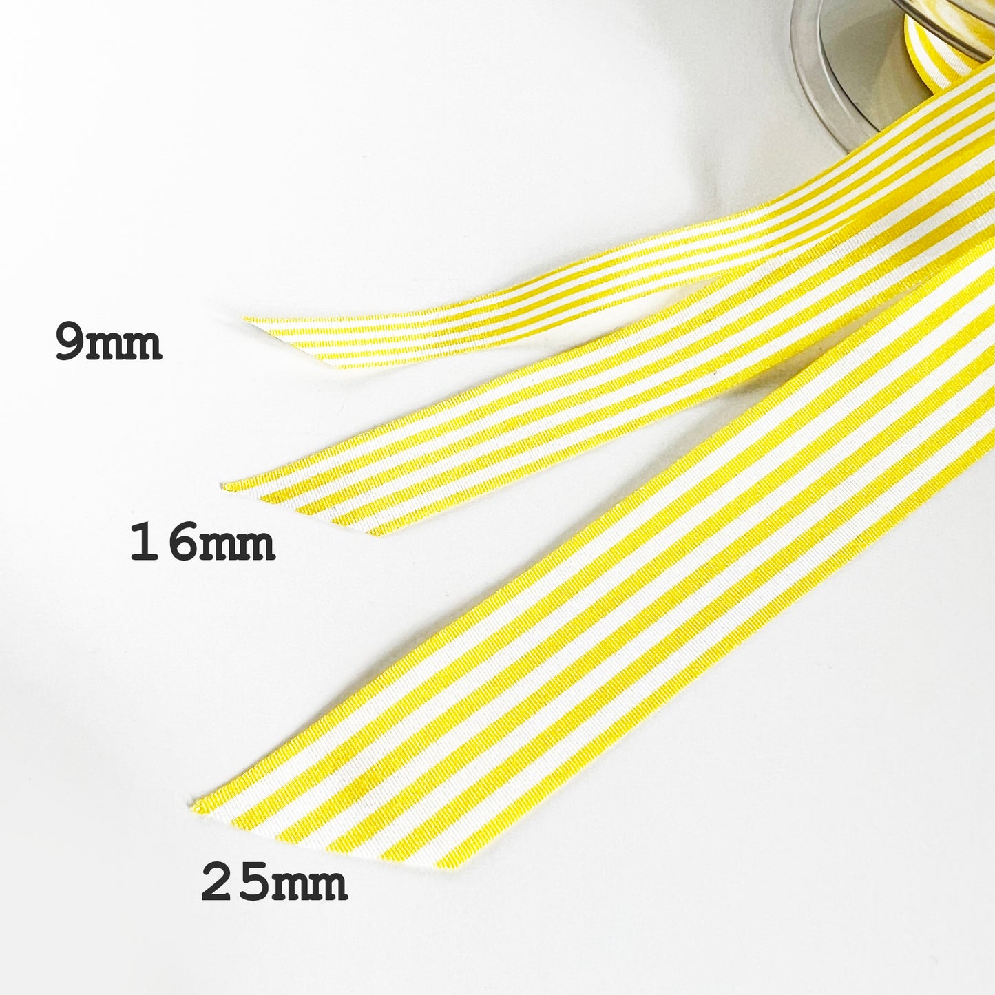 Yellow Ribbon White Stripe | 3 Widths 9mm 16mm 25mm | Choose Length or Full Roll | Craft Wrap Decorations - SweetpeaStore