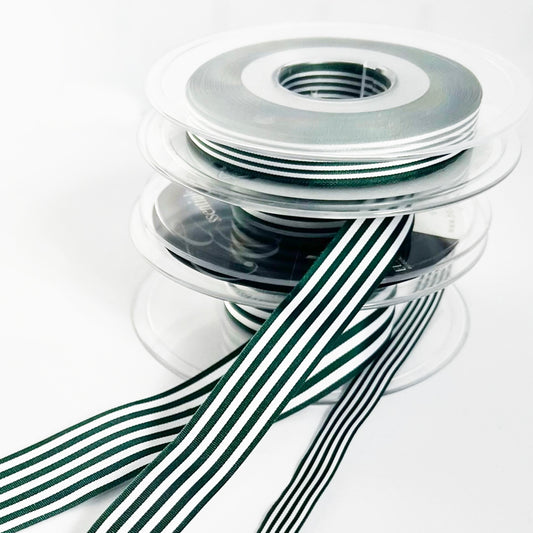 Green & White Stripe Ribbon 3 Widths 9mm 16mm 25mm | Choose Length or Full Roll