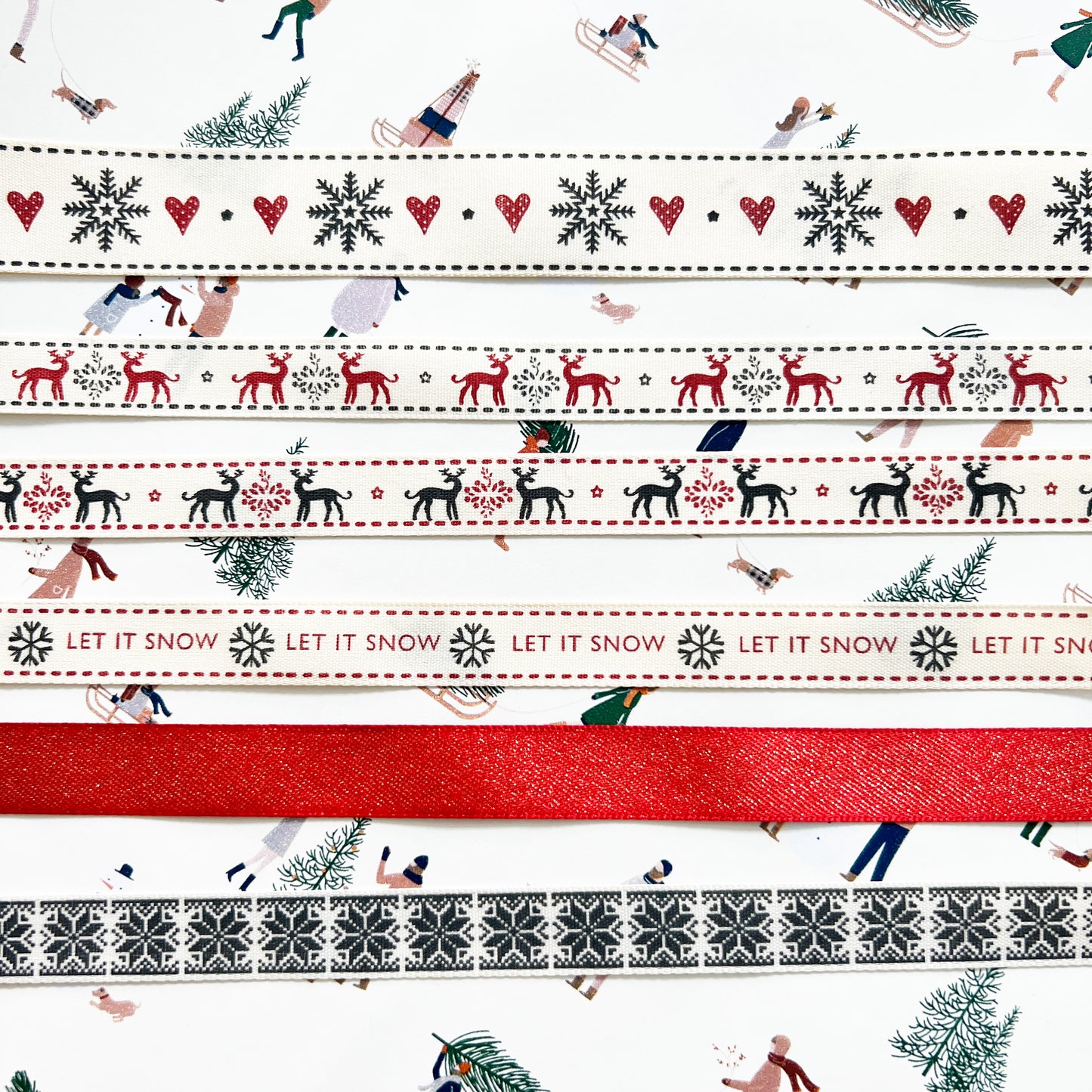 Christmas Ribbon | Snowflake Reindeer Cream Red | 16mm 25mm