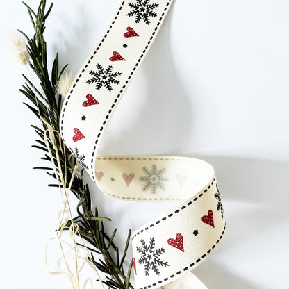 Christmas Ribbon | Snowflake Reindeer Cream Red | 16mm 25mm