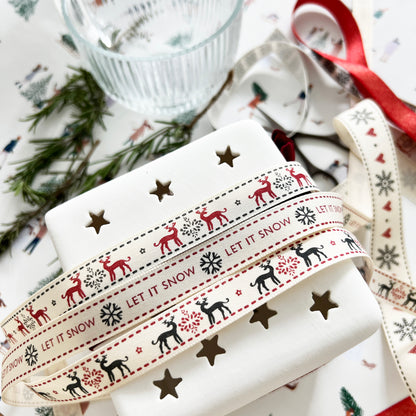 Christmas Ribbon | Snowflake Reindeer Cream Red | 16mm 25mm | Berisford's Wrapping - SweetpeaStore