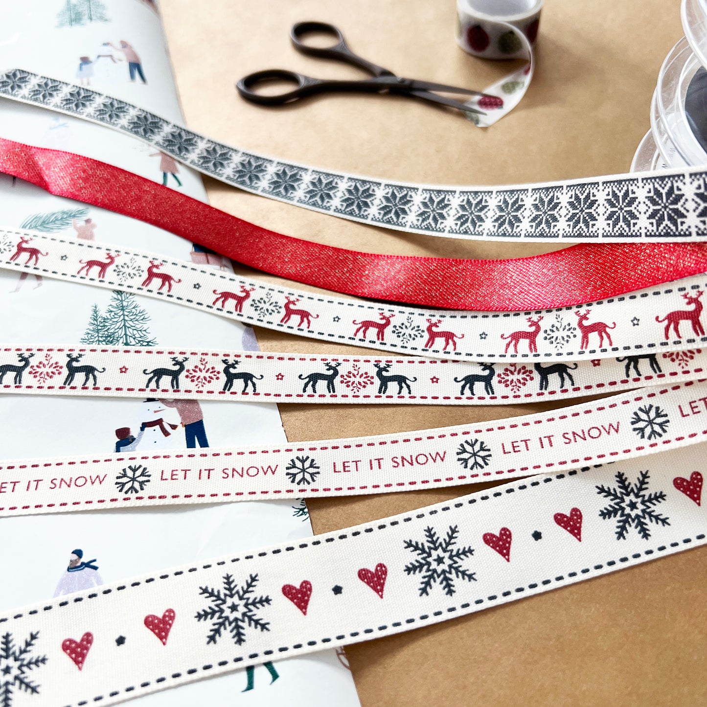 Christmas Ribbon | Snowflake Reindeer Cream Red | 16mm 25mm