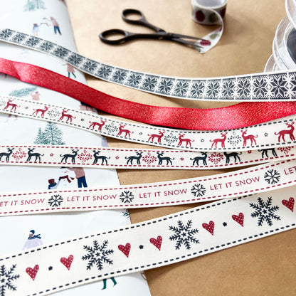 Christmas Ribbon | Snowflake Reindeer Cream Red | 16mm 25mm | Berisford's Wrapping - SweetpeaStore