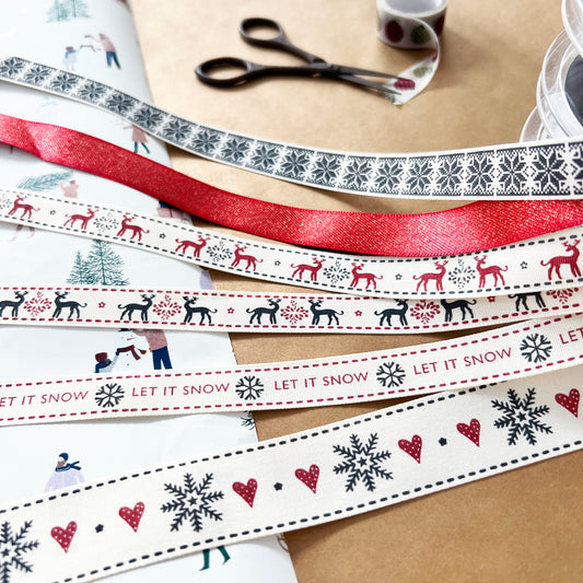 Christmas Ribbon | Snowflake Reindeer Cream Red | 16mm 25mm | Berisford's Wrapping - SweetpeaStore