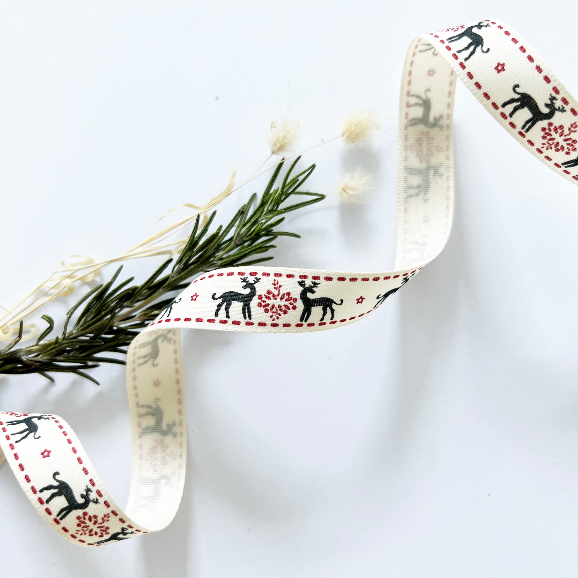 Christmas Ribbon | Snowflake Reindeer Cream Red | 16mm 25mm | Berisford's Wrapping - SweetpeaStore