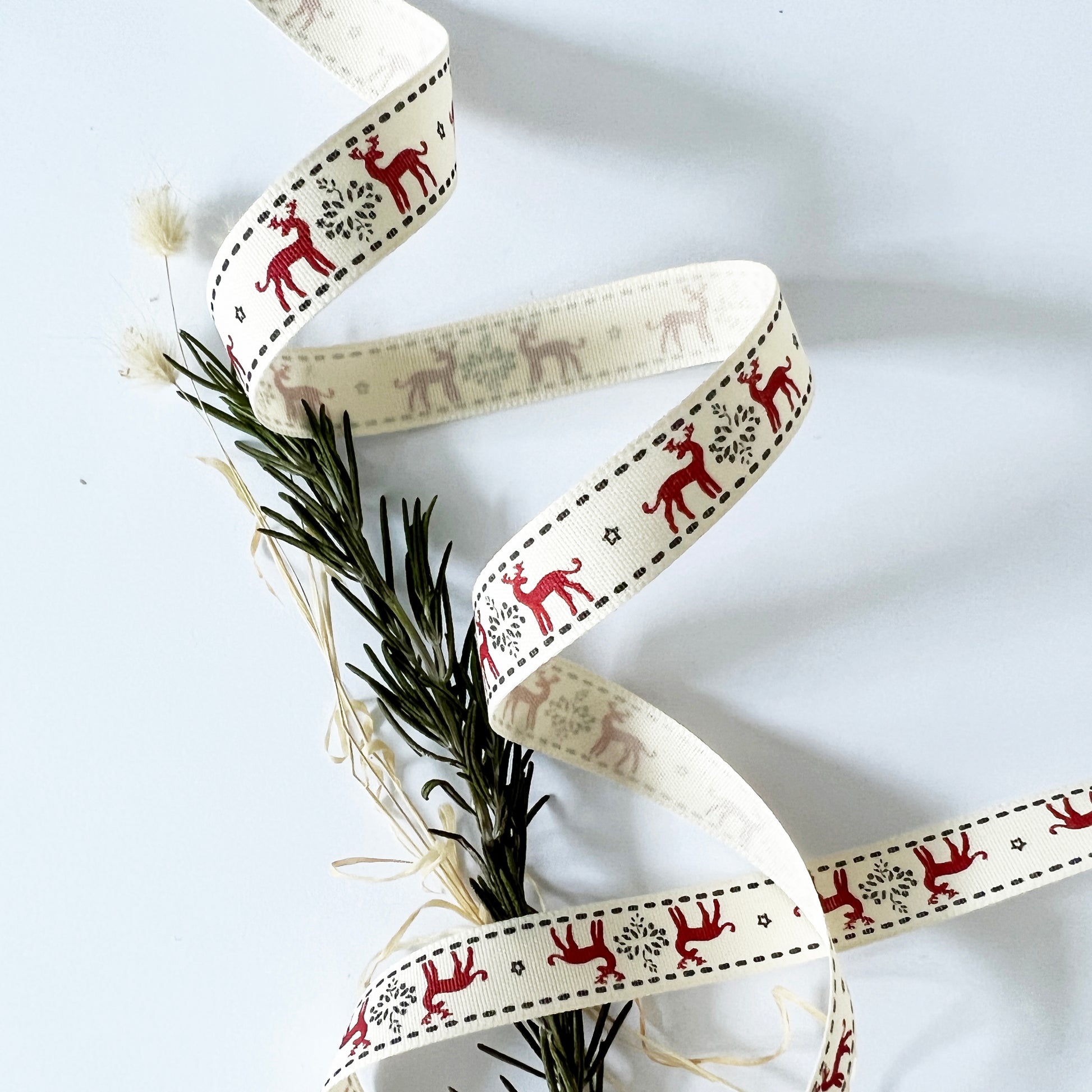 Christmas Ribbon | Snowflake Reindeer Cream Red | 16mm 25mm | Berisford's Wrapping - SweetpeaStore