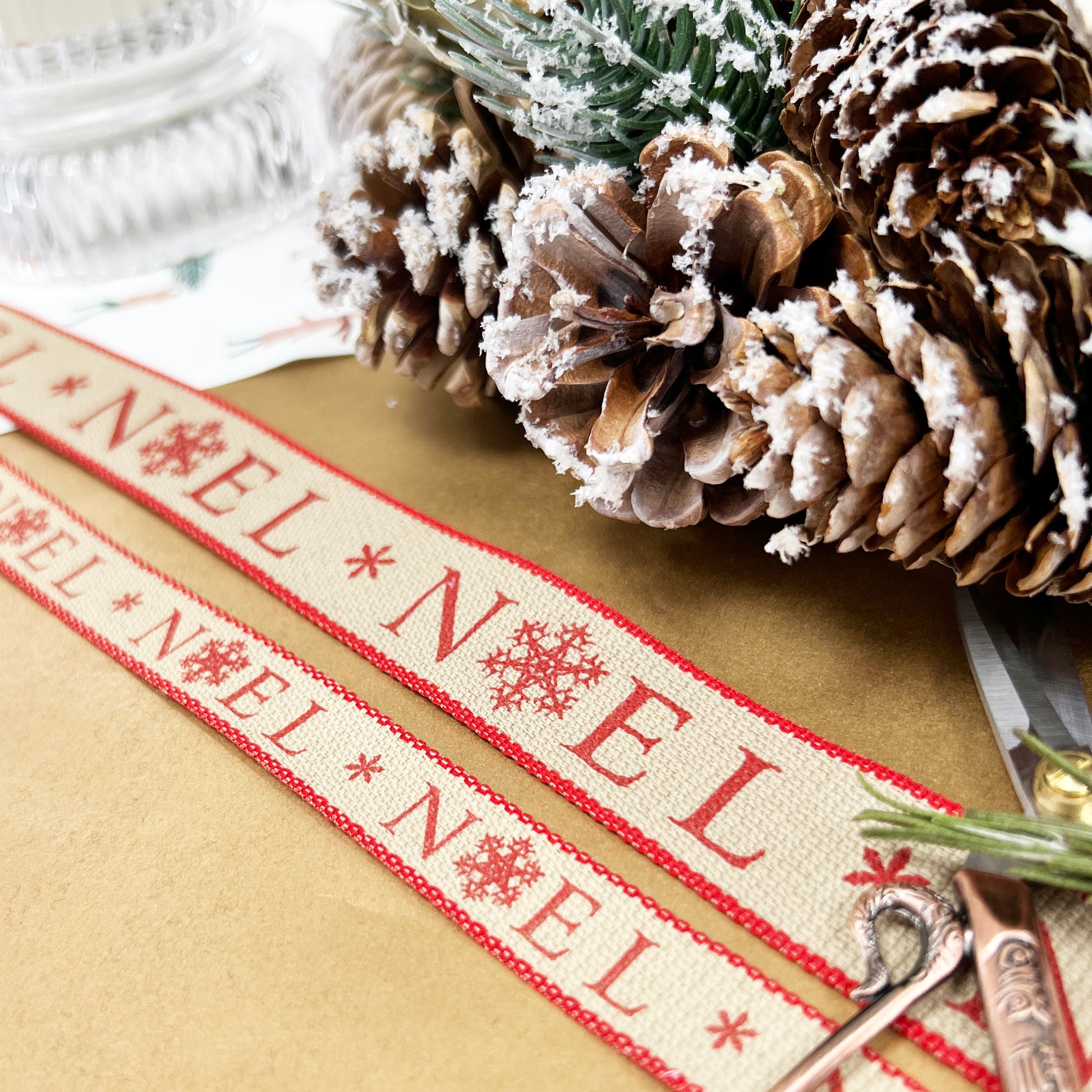 Christmas Ribbon | Noel Snowflake Print 25mm 15mm | Cream Red Black | Wrapping - SweetpeaStore