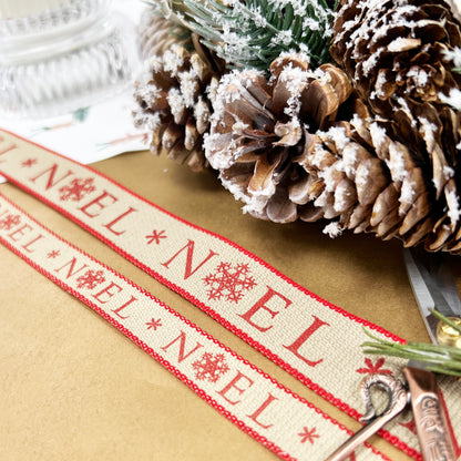 Christmas Ribbon | Noel Snowflake Print 25mm 15mm | Cream Red Black | Wrapping - SweetpeaStore