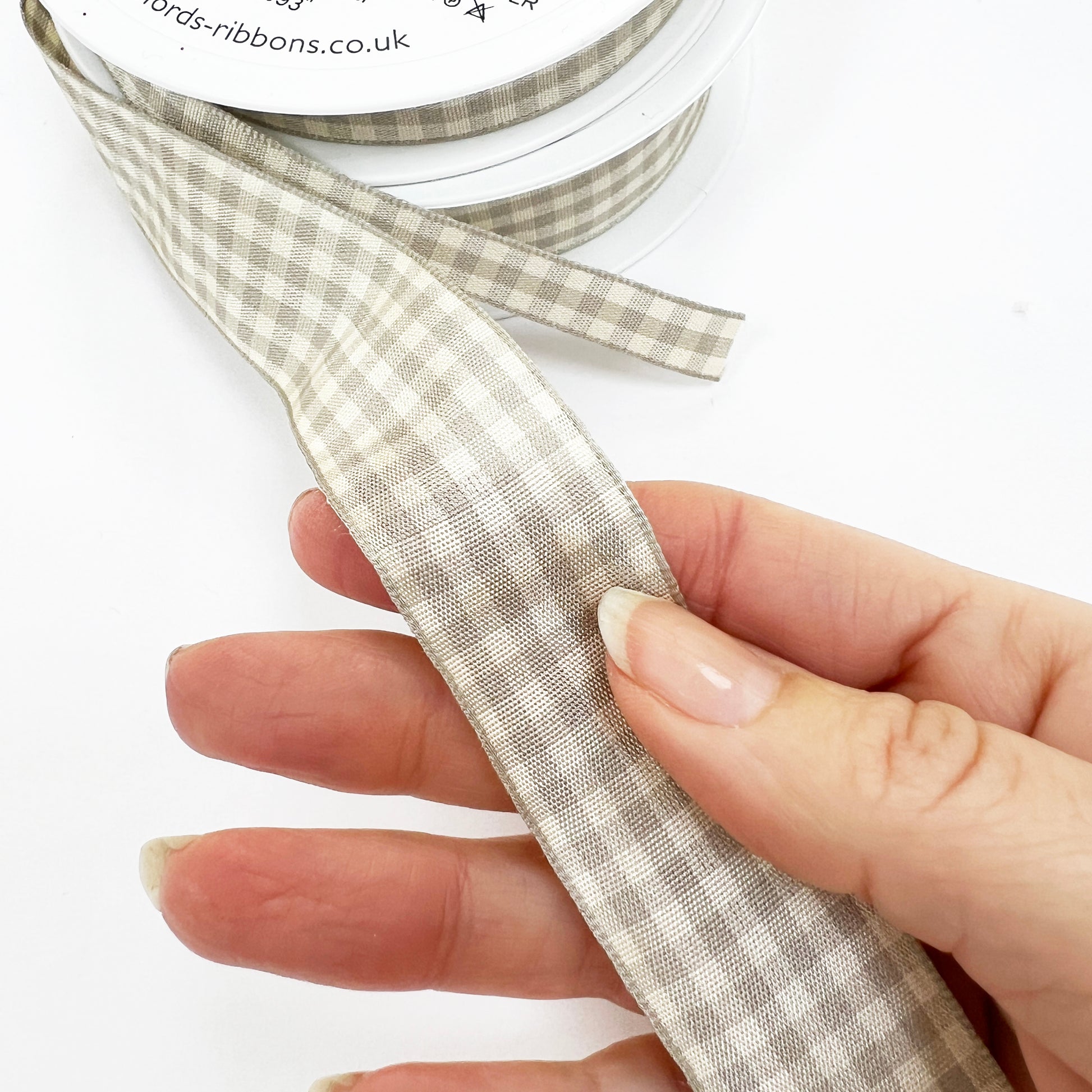 Warm Grey & Cream Gingham Ribbon | 10mm 15mm 25mm 1m Full 20m | Craft Wrapping Bows - SweetpeaStore