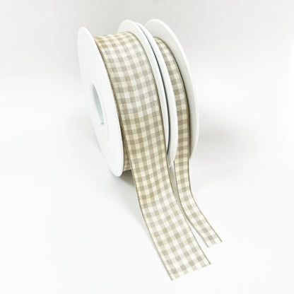 Warm Grey & Cream Gingham Ribbon | 10mm 25mm 1m Full 20m | Craft Wrapping Bows - SweetpeaStore