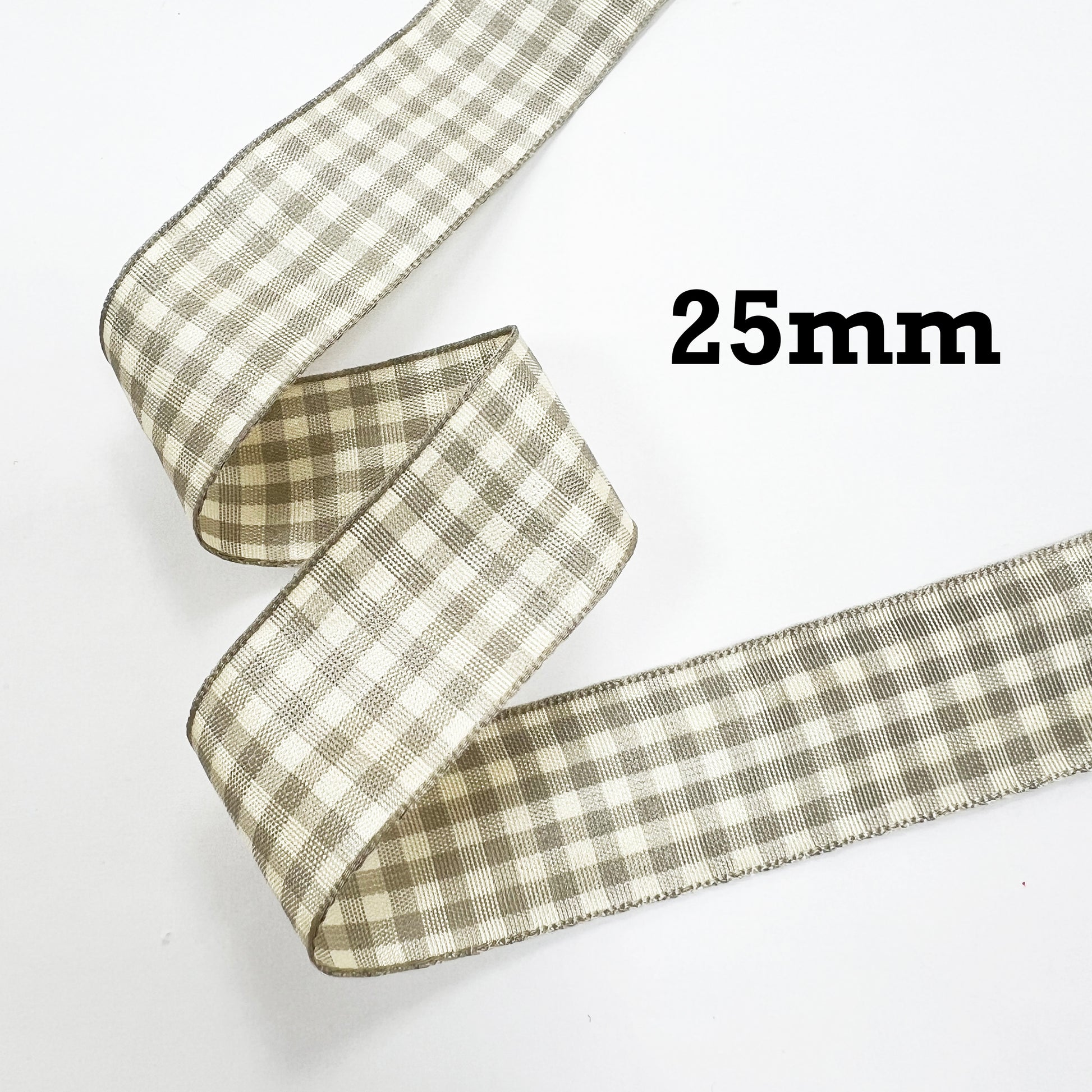 Warm Grey & Cream Gingham Ribbon | 10mm 25mm 1m Full 20m | Craft Wrapping Bows - SweetpeaStore