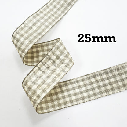 Warm Grey & Cream Gingham Ribbon | 10mm 25mm 1m Full 20m | Craft Wrapping Bows - SweetpeaStore