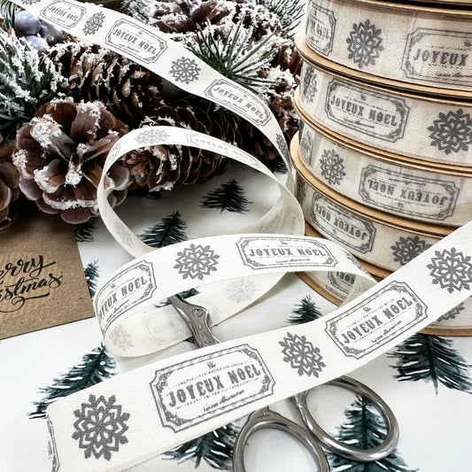 Christmas Ribbon 15mm Ivory Cotton Grey Joyeux Noel & Snowflake Print 1m 5m 25m - SweetpeaStore