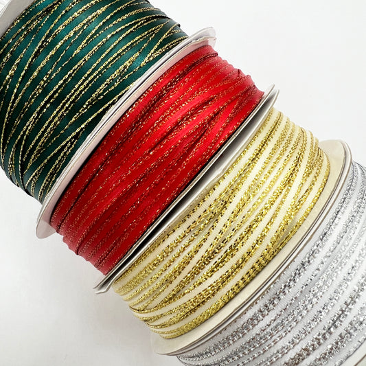 3mm Metallic Edge Satin Ribbon | 25m Roll Gold Silver Green Red | Decorations Wrapping - SweetpeaStore