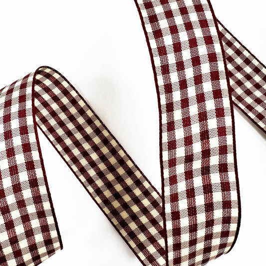 Burgundy Red & Cream Gingham Ribbon | 10mm 15mm 25mm | 1m or Full 20m Roll | Craft Wrapping Home Decor - SweetpeaStore