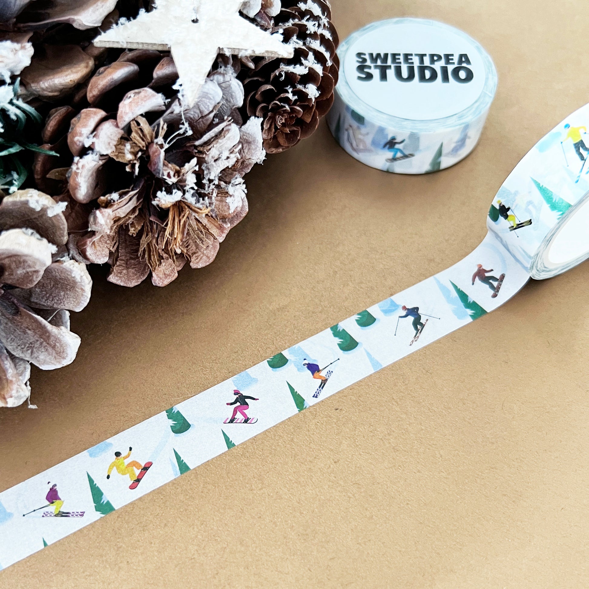 Retro Ski Washi Tape | Skier Snowboard White | 15mm x 10m | Wrapping - SweetpeaStore