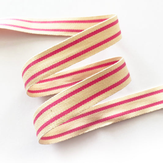 Pink & Cream Ribbon | Stripe Rustic Vintage Ticking Woven Cotton | 15mm 1.5cm