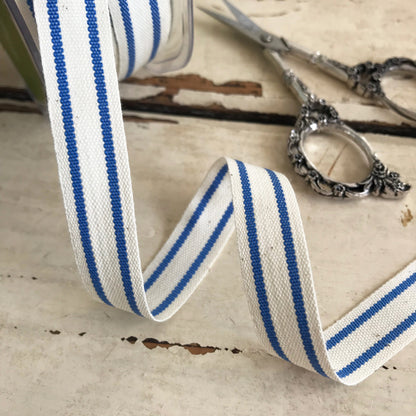 Blue & Cream Ribbon | Stripe Cotton Rustic Ticking 16mm | 1m or Full 20m Roll