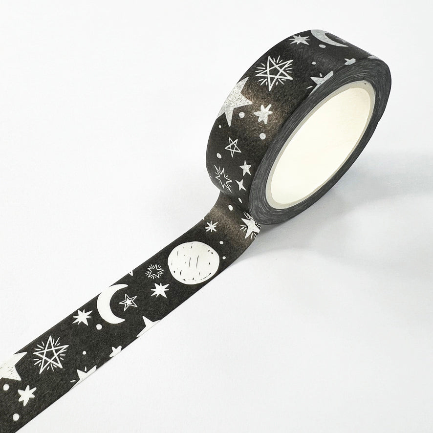 Black and White Washi Tape Moon Stars | 15mm x 10m | Stationery Journalling Scrapbooking - SweetpeaStore