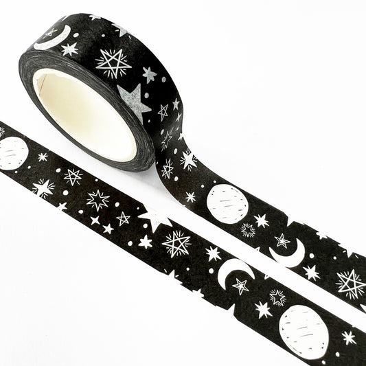 Black and White Washi Tape Moon Stars | 15mm x 10m | Stationery Journalling Scrapbooking - SweetpeaStore