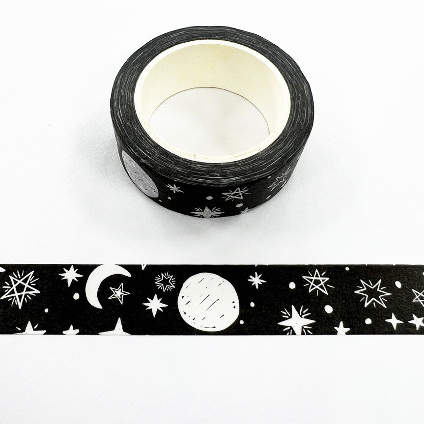 Black and White Washi Tape Moon Stars | 15mm x 10m | Stationery Journalling Scrapbooking - SweetpeaStore