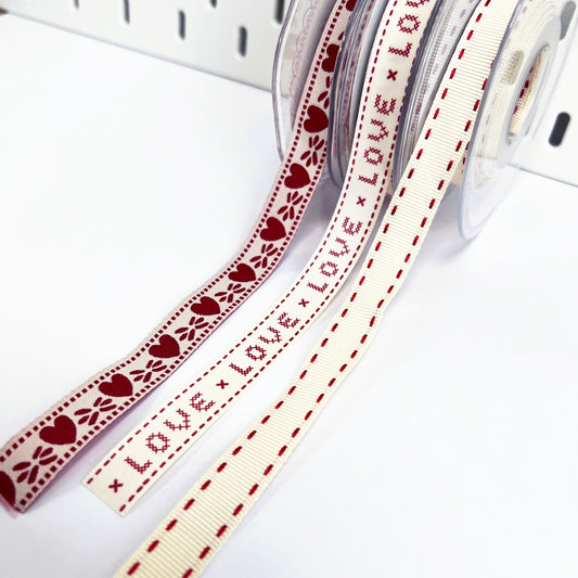 Red & Cream Love Ribbon | Gift Wrap | Hearts Love Stitch | 15mm Grosgrain Craft | Valentine's Craft - SweetpeaStore