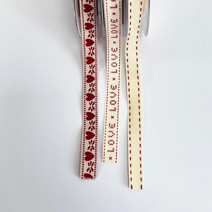 Red & Cream Love Ribbon | Gift Wrap | Hearts Love Stitch | 15mm Grosgrain Craft | Valentine's Craft - SweetpeaStore