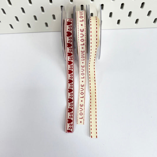 Red & Cream Love Ribbon | Gift Wrap | Hearts Love Stitch | 15mm Grosgrain Craft | Valentine's Craft - SweetpeaStore