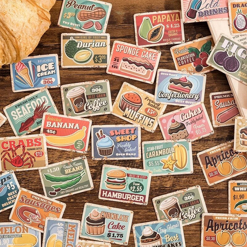 Retro Food Advertising Stickers | 45 Mini Box Scrapbooking | Journalling Stationery - SweetpeaStore