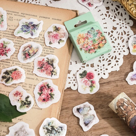 Vintage Flower Stickers | 45 Mini Box Scrapbooking Sticker | Journalling Stationery - SweetpeaStore