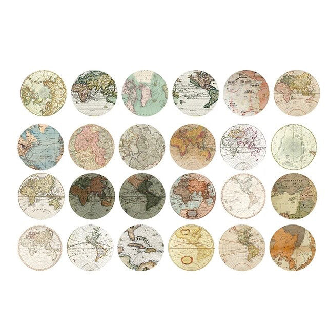 Round Vintage Map Stickers | 46 Mini Box Scrapbooking Sticker | Travel Journalling Stationery Albums - SweetpeaStore