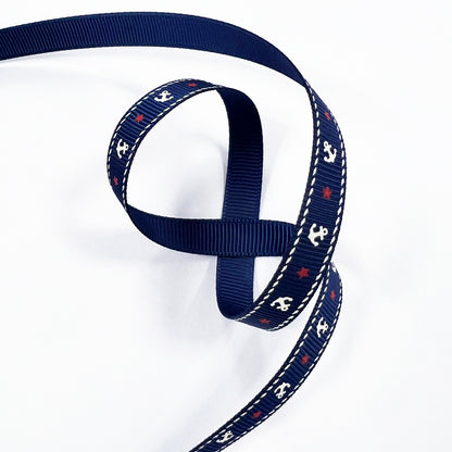 Anchor & Star Grosgrain Ribbon | 9mm Navy Red Cream | Nautical Seaside Theme Wrap Sewing Craft - SweetpeaStore