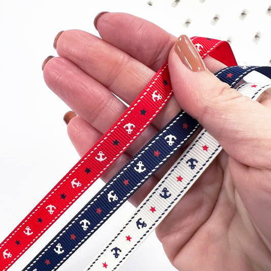 Anchor & Star Grosgrain Ribbon | 9mm Navy Red Cream | Nautical Seaside Theme Wrap Sewing Craft - SweetpeaStore