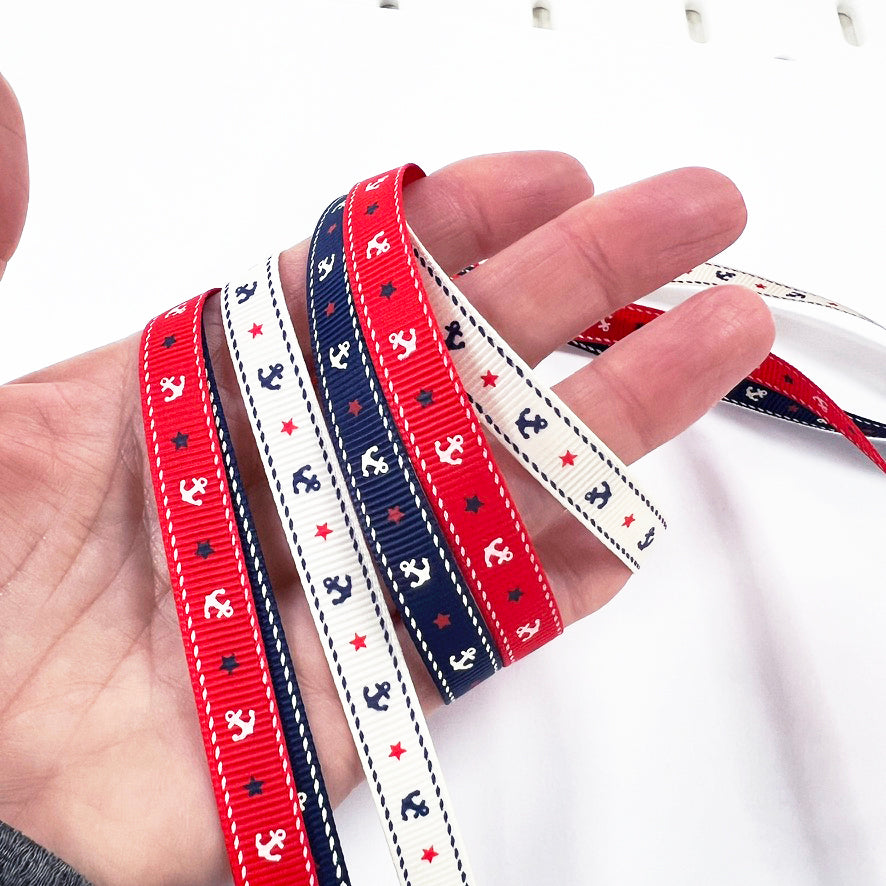 Anchor & Star Grosgrain Ribbon | 9mm Navy Red Cream | Nautical Seaside Theme Wrap Sewing Craft - SweetpeaStore