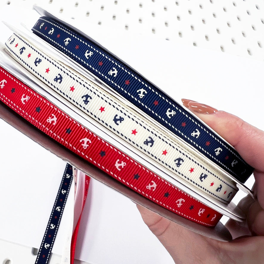 Anchor & Star Grosgrain Ribbon | 9mm Navy Red Cream | Nautical Seaside Theme Wrap Sewing Craft - SweetpeaStore