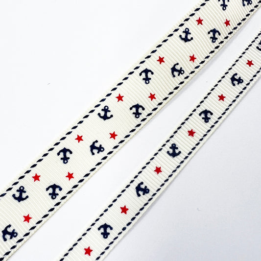 Anchor & Star Grosgrain Ribbon | 9mm or 16mm Cream | Nautical Seaside Theme Wrap Sewing Craft - SweetpeaStore