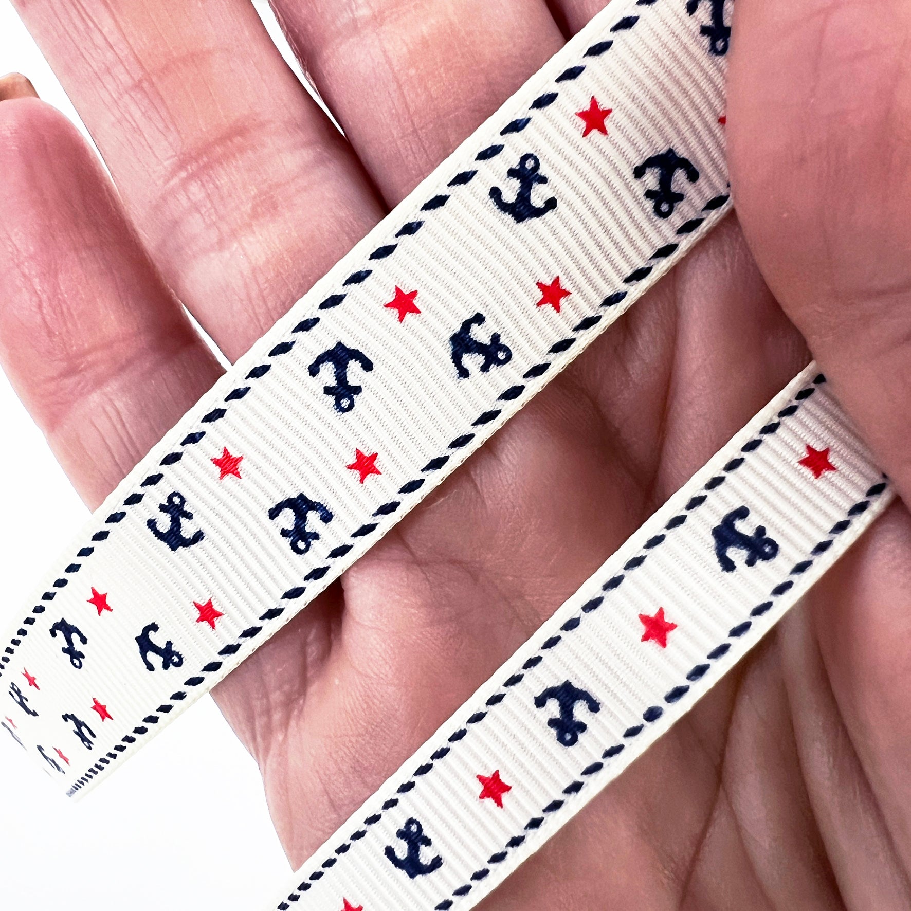 Anchor & Star Grosgrain Ribbon | 9mm or 16mm Cream | Nautical Seaside Theme Wrap Sewing Craft - SweetpeaStore