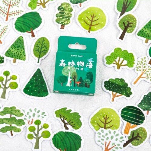 Cute Green Trees Stickers | 46 Mini Box Peel Off Sticker Scrapbooking Journaling - SweetpeaStore
