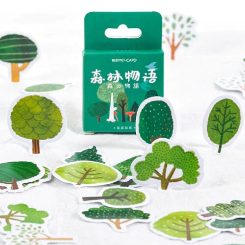 Cute Green Trees Stickers | 46 Mini Box Peel Off Sticker Scrapbooking Journaling