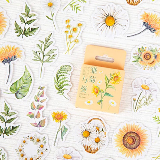 Sunflower & Daisy Mini Box Stickers | Botanical Vintage Flower | Peel Off Sticker