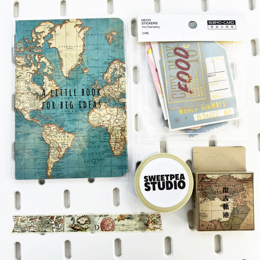 Travel Map Gift Set | Pocket Notebook | Stickers x2 | Washi tape 15mm x 10m | Journaling