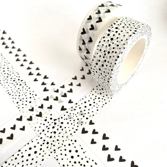 Black & White Washi Tape Dalmatian Spot and Heart Print Duo | 1.5cm x 10m x 2 | Stationery Journalling
