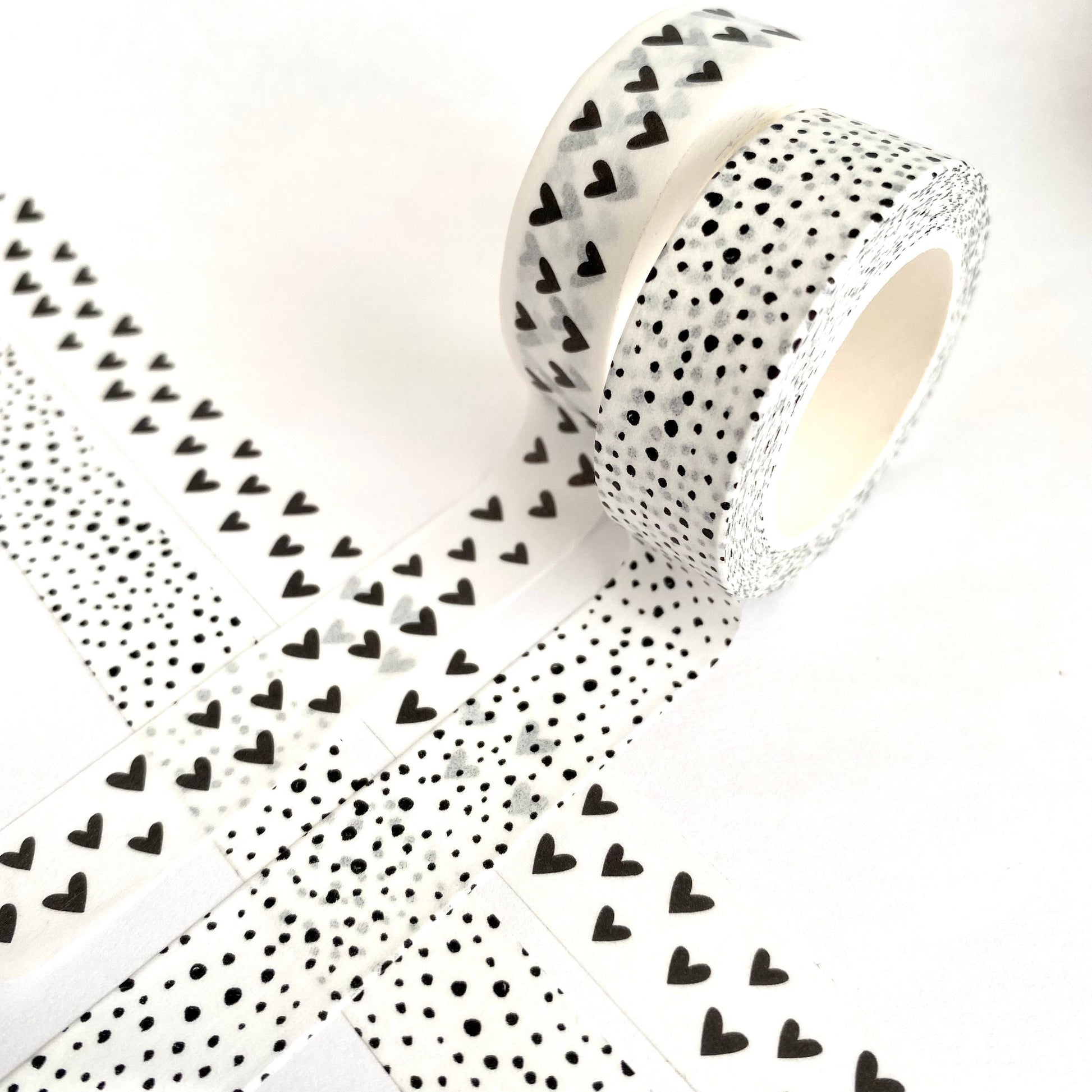 Black & White Washi Tape Dalmatian Spot and Heart Print Duo | 1.5cm x 10m x 2 | Stationery Journalling - SweetpeaStore