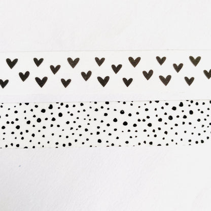 Black & White Washi Tape Dalmatian Spot and Heart Print Duo | 1.5cm x 10m x 2 | Stationery Journalling - SweetpeaStore